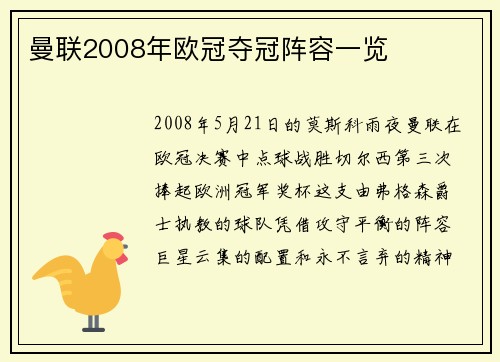 曼联2008年欧冠夺冠阵容一览