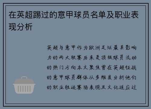 在英超踢过的意甲球员名单及职业表现分析